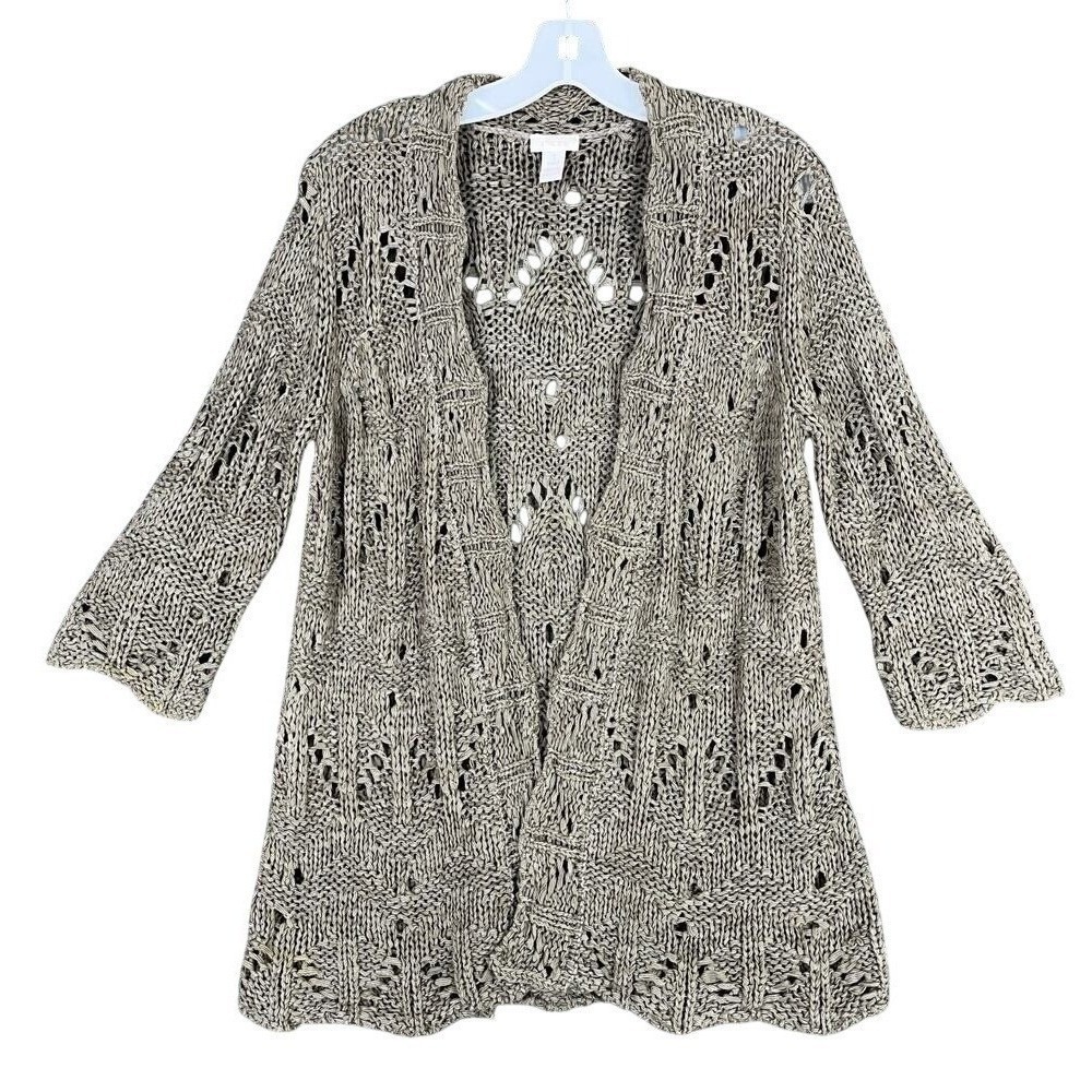 Chico's Open Front Cardigan Womens 1 M Tan Pointelle Open Knit Crochet Layering